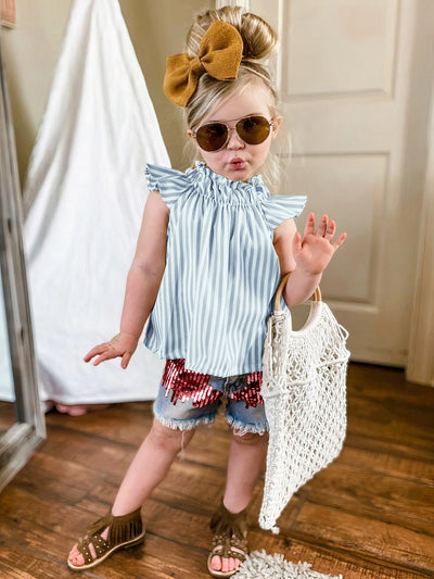 Toddler Spring Clothes | Girls Striped Top & Sequin Denim Short Set