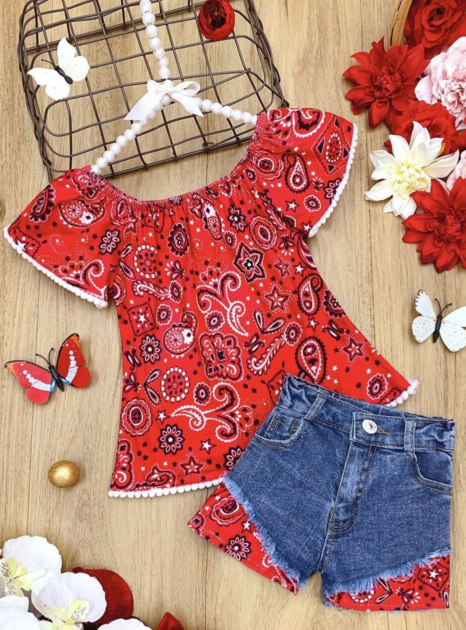 Girls Summer Causal Outfits | Paisley Top & Patched Denim Shorts Set
