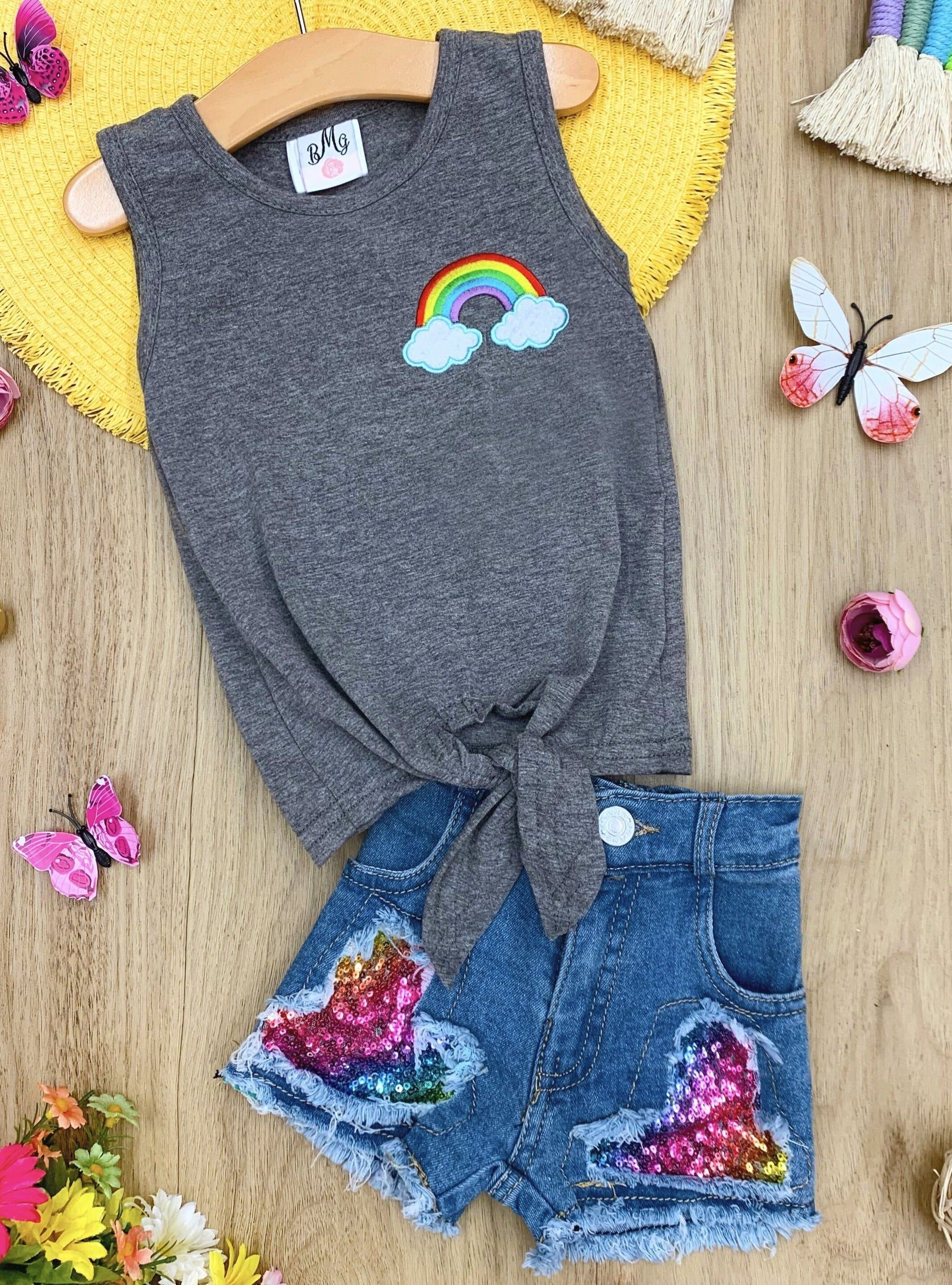 Toddler Spring Outfits | Girls Rainbow Knot Top & Sequin Denim Shorts ...