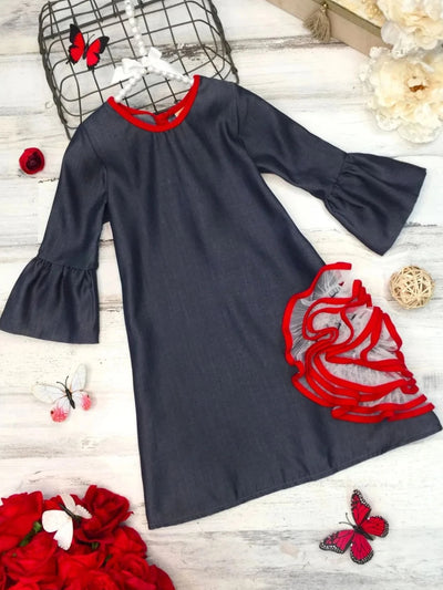 Denim dress for girls features ruffle lace flower applique and ruffle bell sleeves