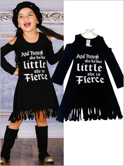 Girls "Though She Be But Little She is Fierce" Cold Shoulder Fringe Graphic Statement Dress