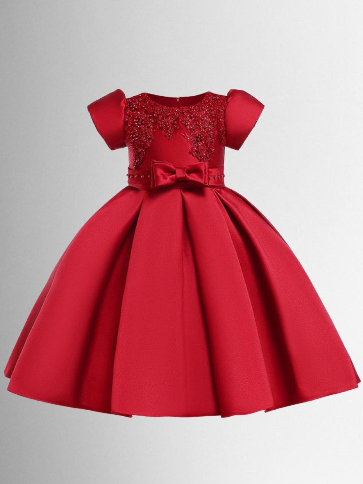 Girls Red Satin Floral Applique Holiday Princess Dress