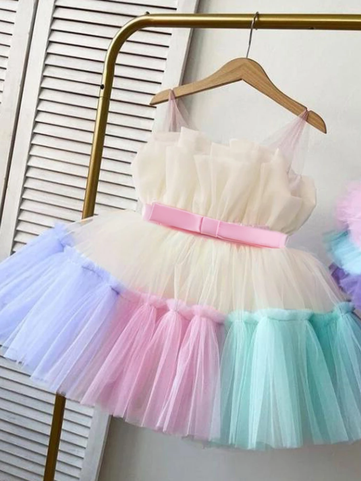 Girls Formal Dresses | Pastel Rainbow Ruffle Tulle Belted Party Dress