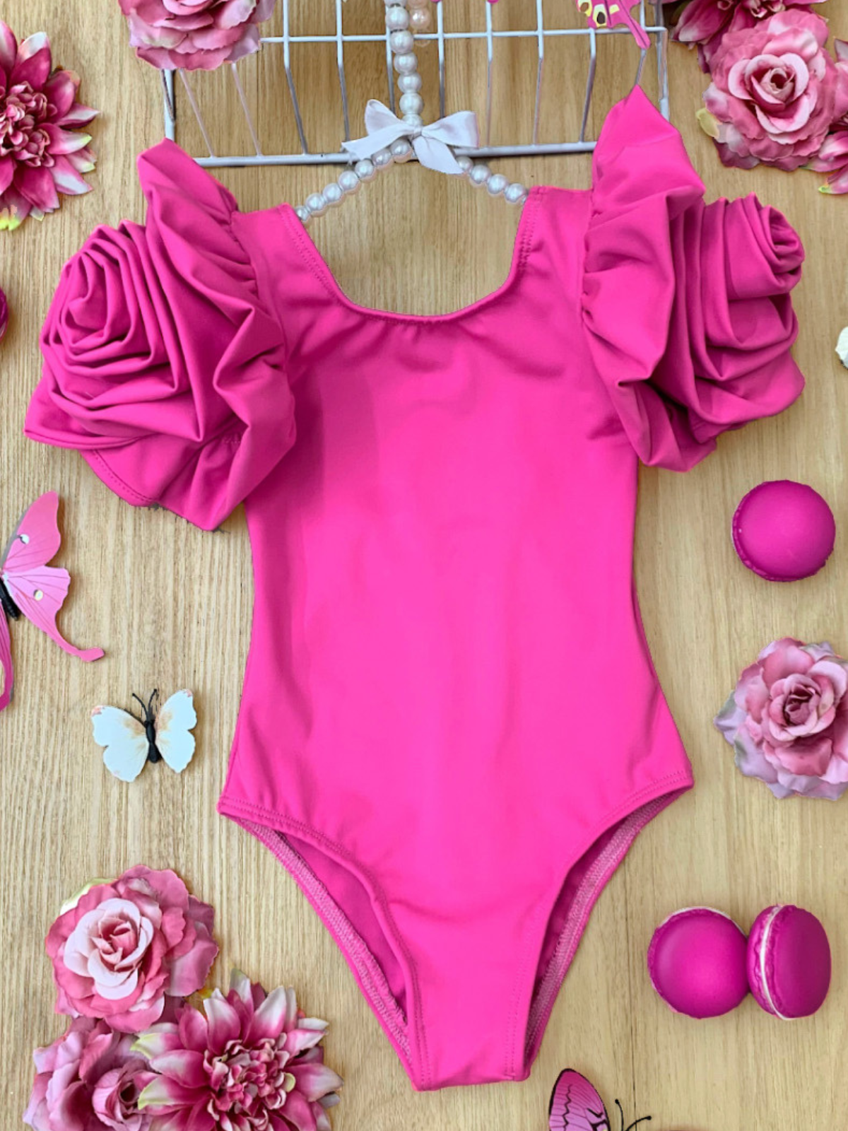 Girls Rose Sleeve Pink One Piece Swimsuit | Mia Belle Girls Swimwear