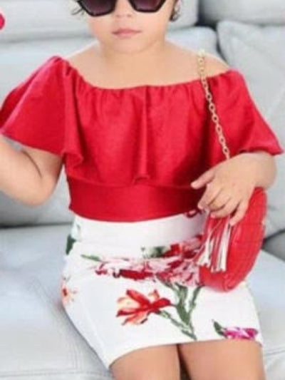 Toddler Spring Outfits | Red Ruffle Bib Top & Floral Print Skirt Set
