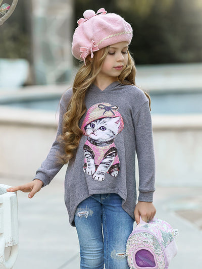 Cozy Winter Tops | Girls Sequin Animal Graphic Hi-Lo Hoodie Sweater ...