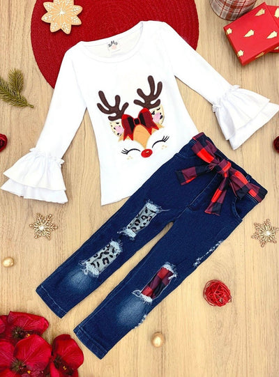 Cute Winter Sets | Girls Cute Reindeer Plaid Patched Jeans Set