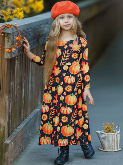 Girls Long Sleeve Pumpkin Printed Maxi Dress