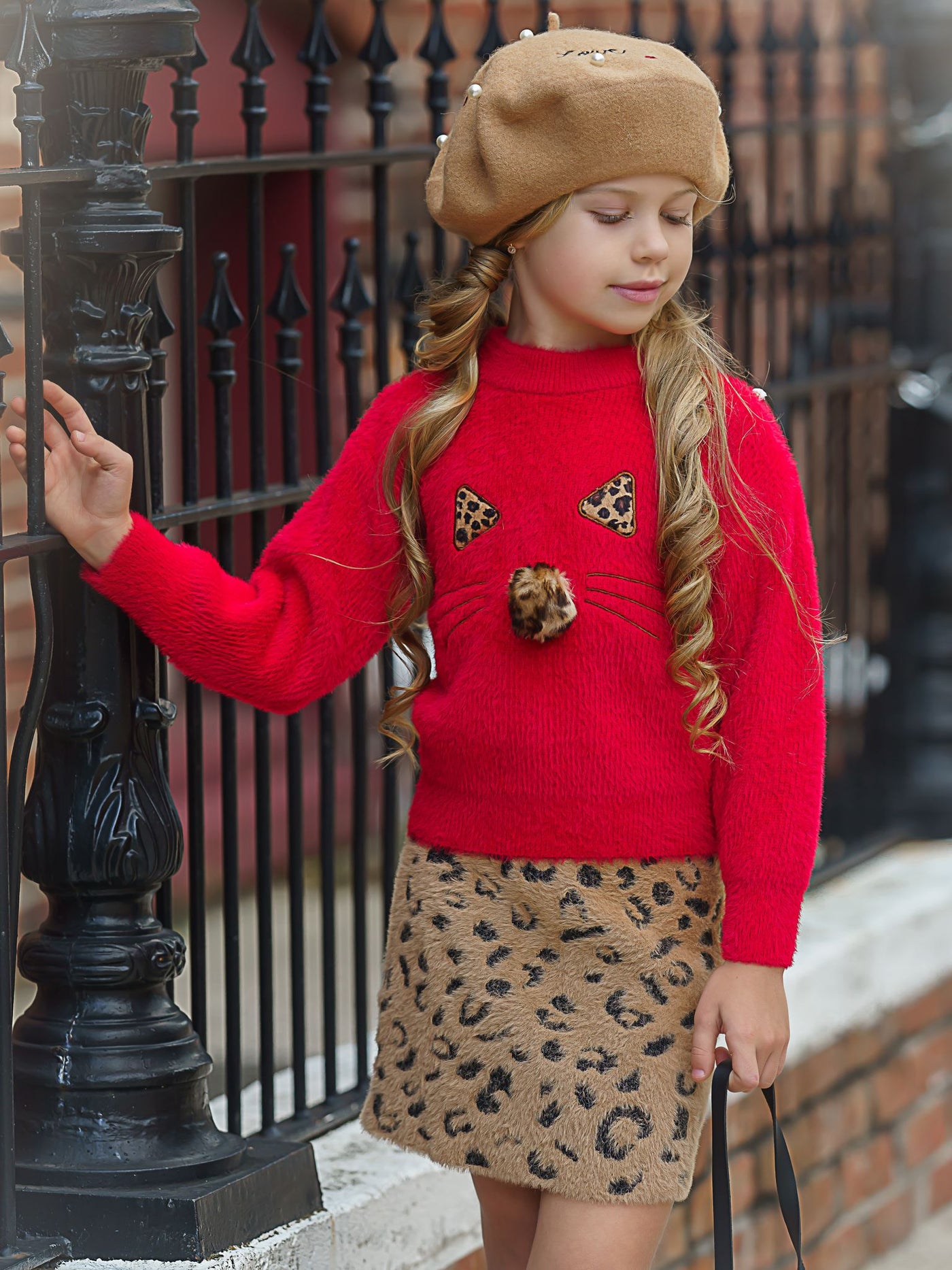 Feline Fierce Sweater and Leopard Skirt Set 2T-10Y red