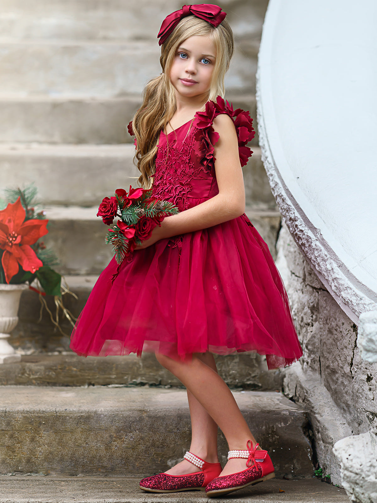 Girls Flower Petal Shoulder Embroidered Bodice Waterfall Holiday Dress ...