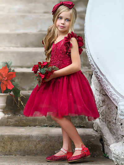 Girls Flower Petal Shoulder Embroidered Bodice Waterfall Holiday Dress