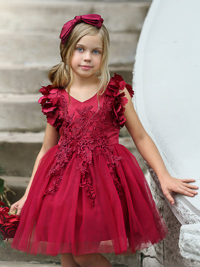 Girls Flower Petal Shoulder Embroidered Bodice Waterfall Holiday Dress