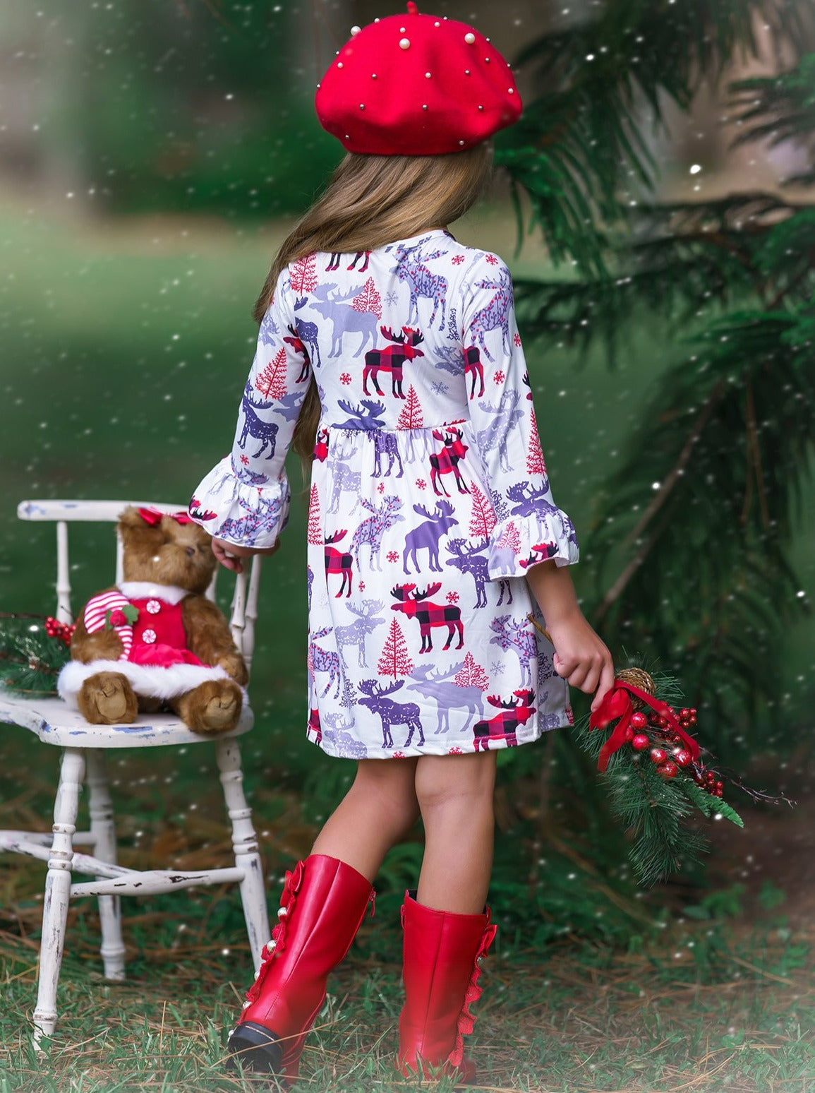 Cute Winter Dress | Girls Winter Reindeer & Moose A-Line Ruffle Dress