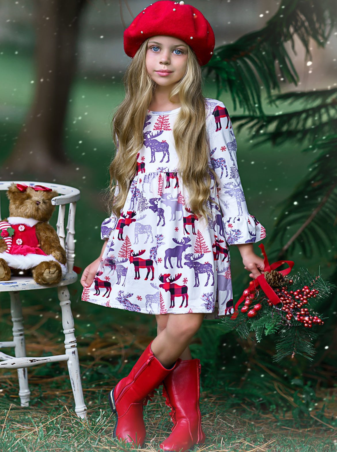 Cute Winter Dress | Girls Winter Reindeer & Moose A-Line Ruffle Dress