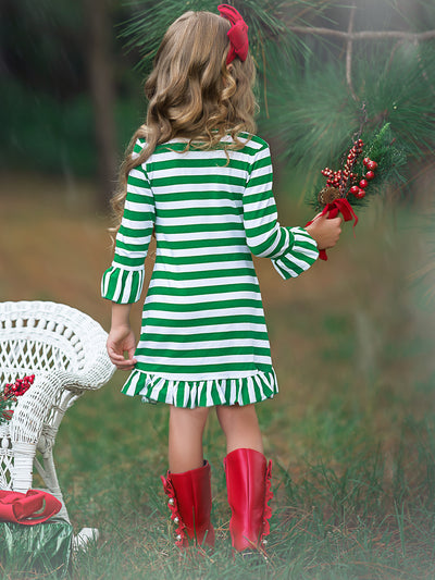 Girls Christmas Themed Red And Green Striped Candy Cane Ruffled Dress