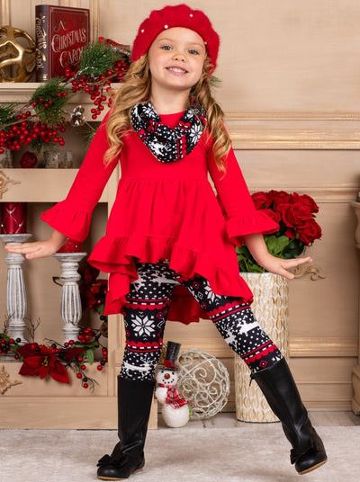 Girls Red & Black Long Sleeve Ruffled Tunic Winter Print Leggings & Scarf Set - Red / 3T - Girls Christmas Set