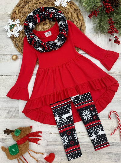 Girls Red & Black Long Sleeve Ruffled Tunic Winter Print Leggings & Scarf Set - Red / 3T - Girls Christmas Set