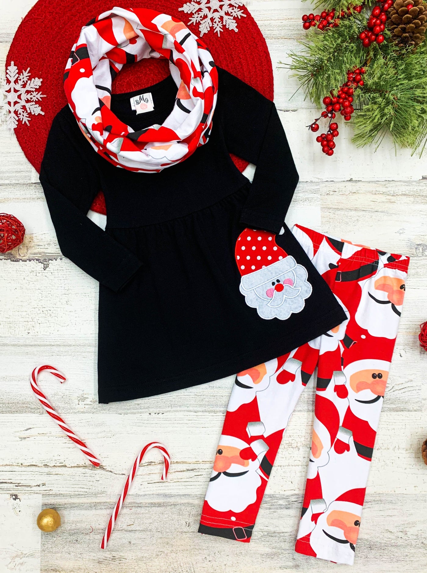 Girls Long Sleeve Santa Applique Tunic, Christmas Leggings & Scarf Set