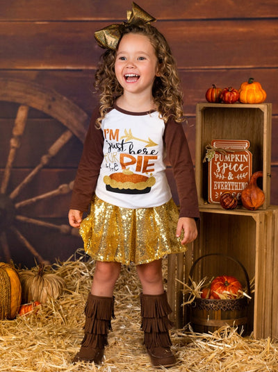 Girls Thanksgiving Themed "I'm Just Here for the Pie" Long Sleeve Raglan Top And Sequin Skirt Set