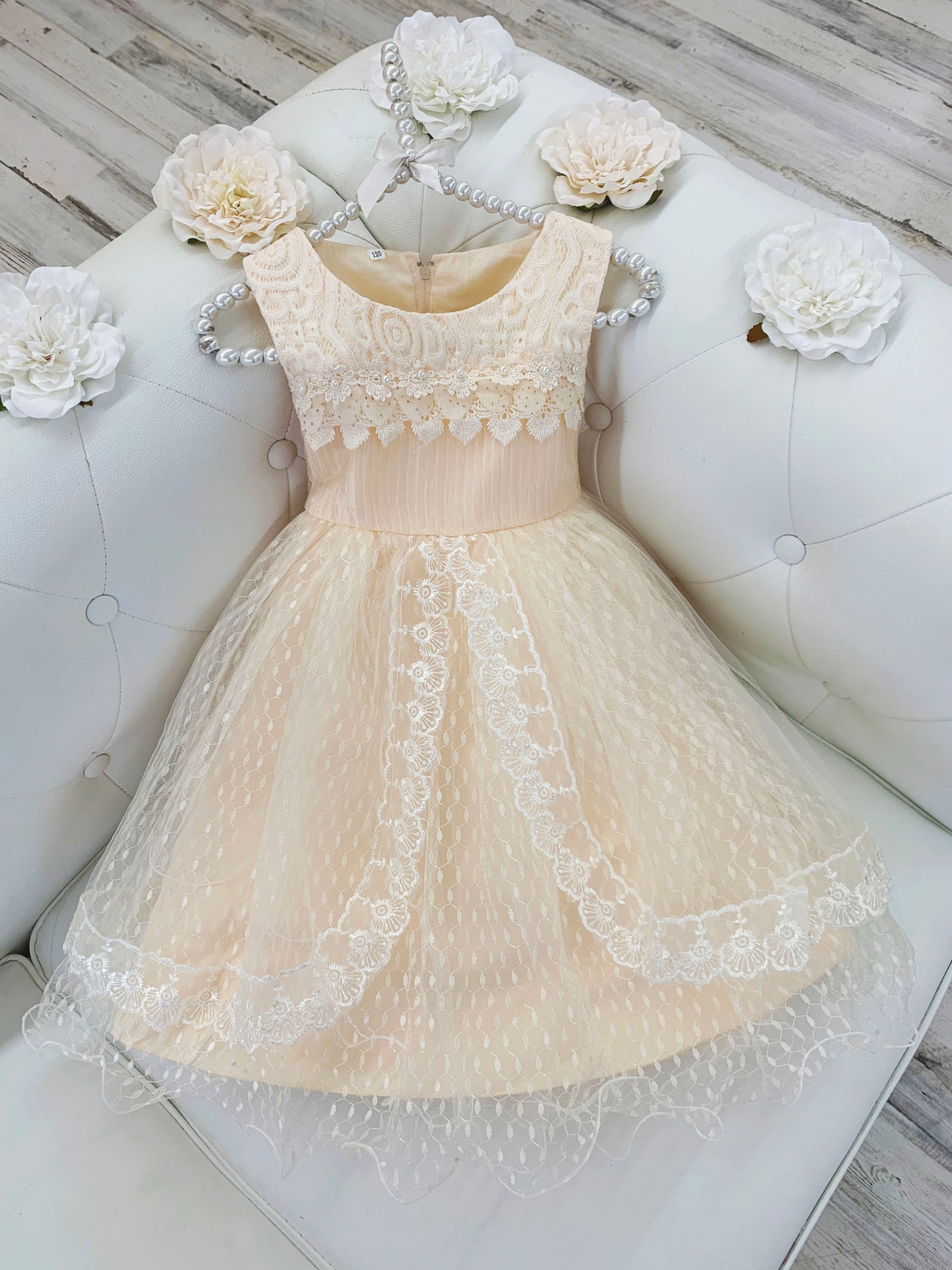 Girls Lace Sleeveless Floral Applique Tiered Lace Special Occasion Dress - Girls Fall Dressy Dress