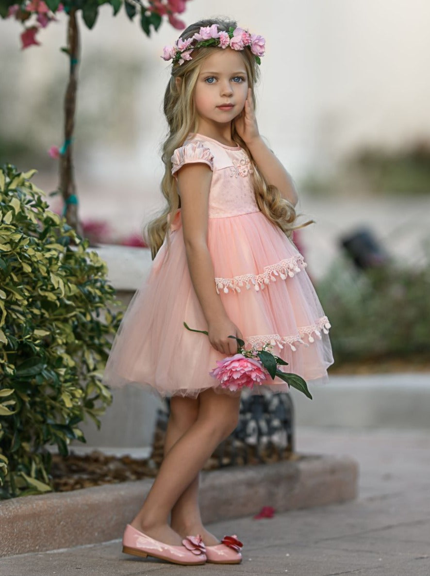 Girls Winter Formal Dresses | Princess Cap Sleeve Floral Holiday Dress