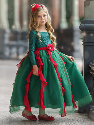 Girls Winter Formal Wear | Long Lace Sleeve Princess Holiday Gown