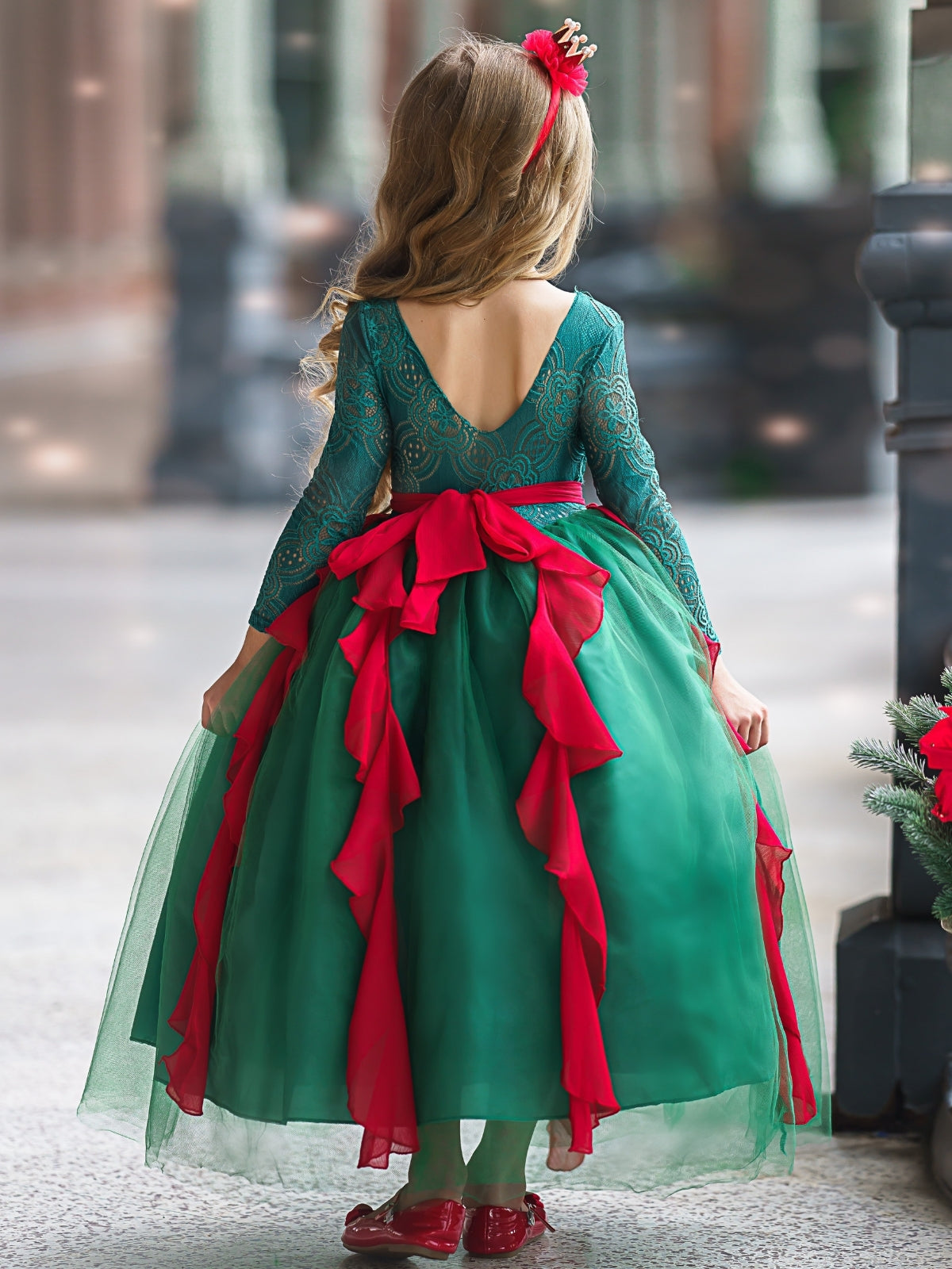 Girls Winter Formal Wear | Long Lace Sleeve Princess Holiday Gown