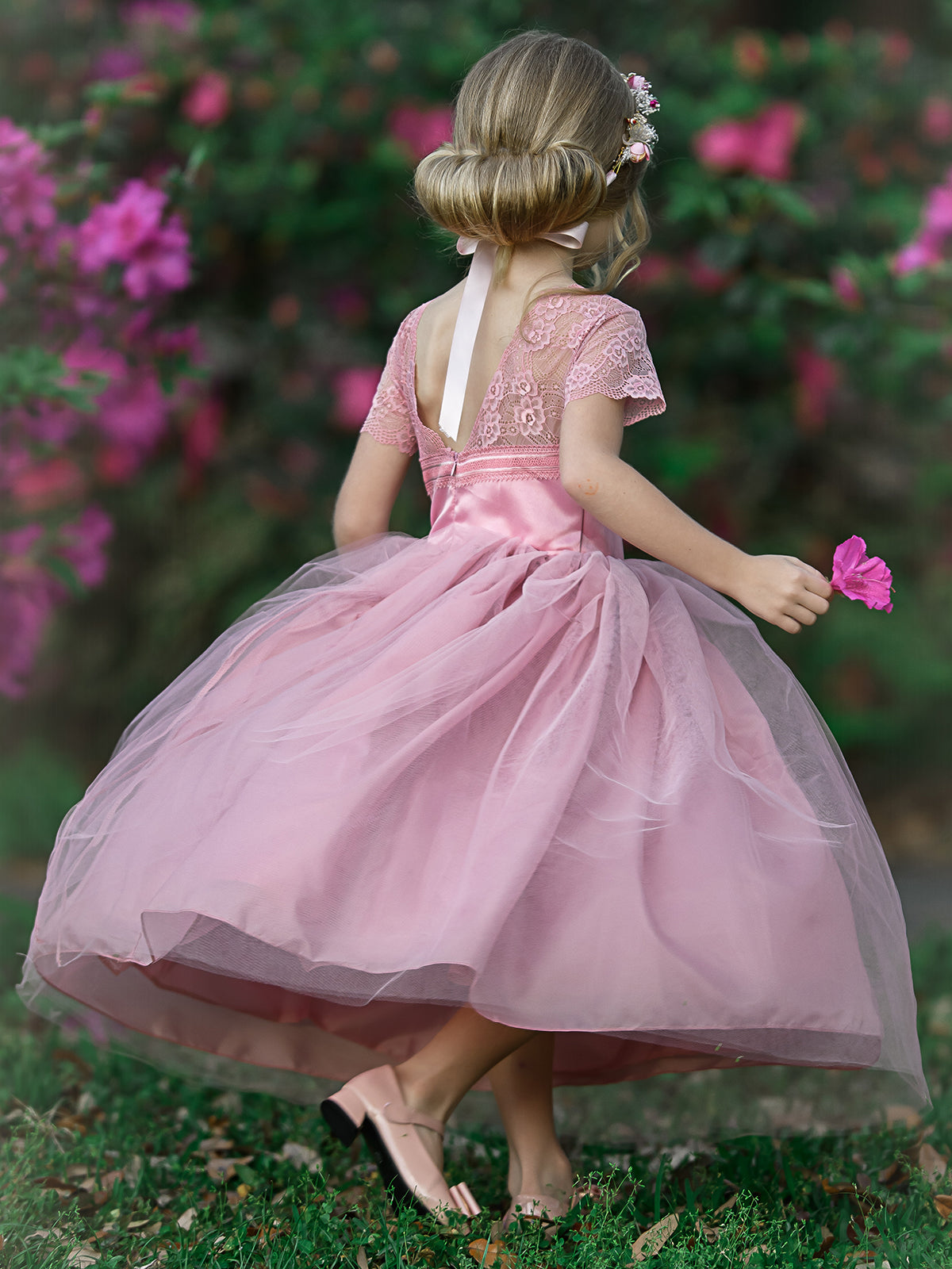 Girls Lace Sleeve Maxi Dress with Flower Clip - Holiday Dress