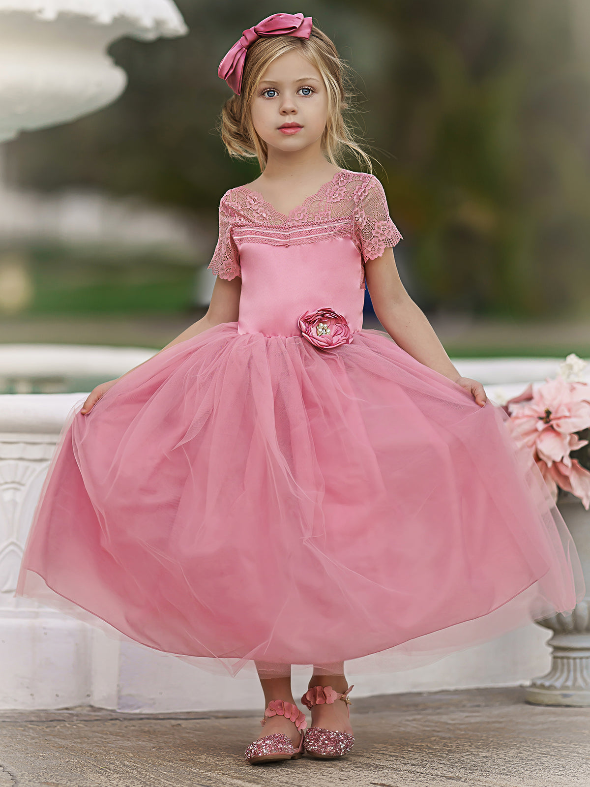 Girls Lace Sleeve Maxi Dress with Flower Clip - Dressy Dress