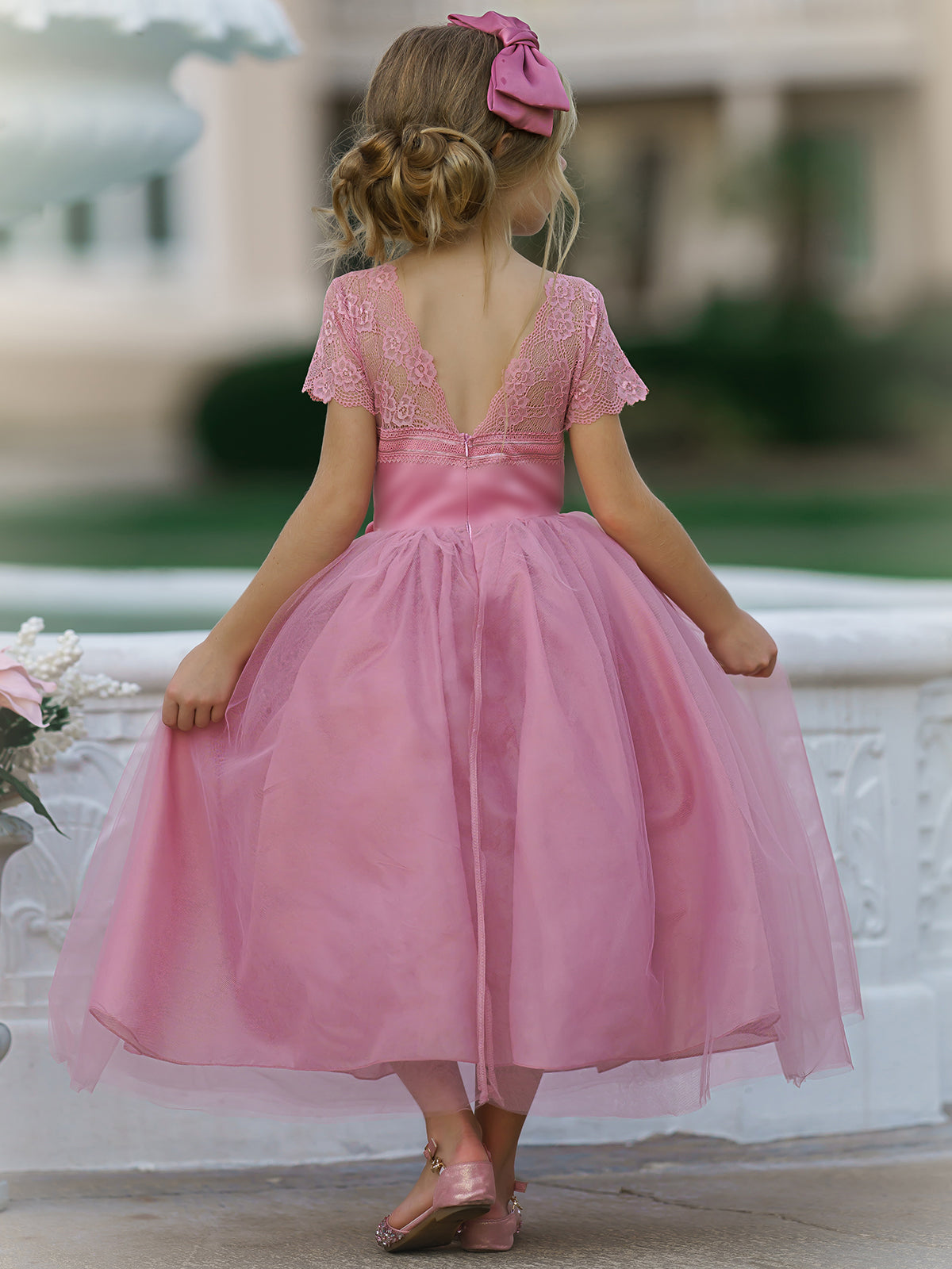 Girls Lace Sleeve Maxi Dress with Flower Clip