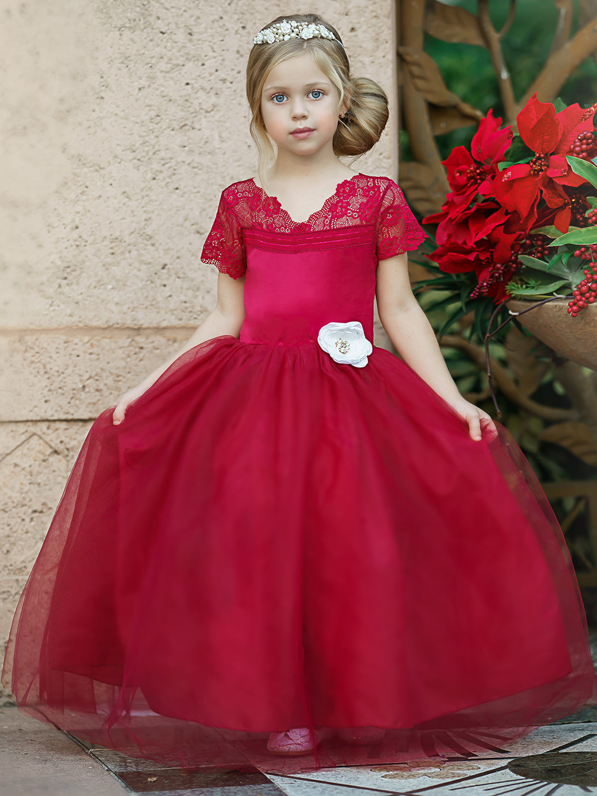 Girls Winter Formal Dress | Lace Sleeve Special Occasion Holiday Gown