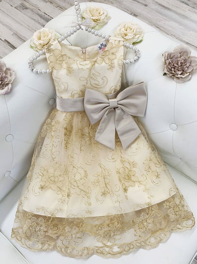 Girls Gold Embroidery Party Dress with Large Bow - Champagne / 3T - Girls Fall Dressy Dress
