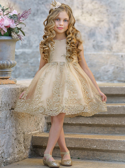 Winter Formal Dresses | Girls Sleeveless Gold Embroidered Holiday Dress