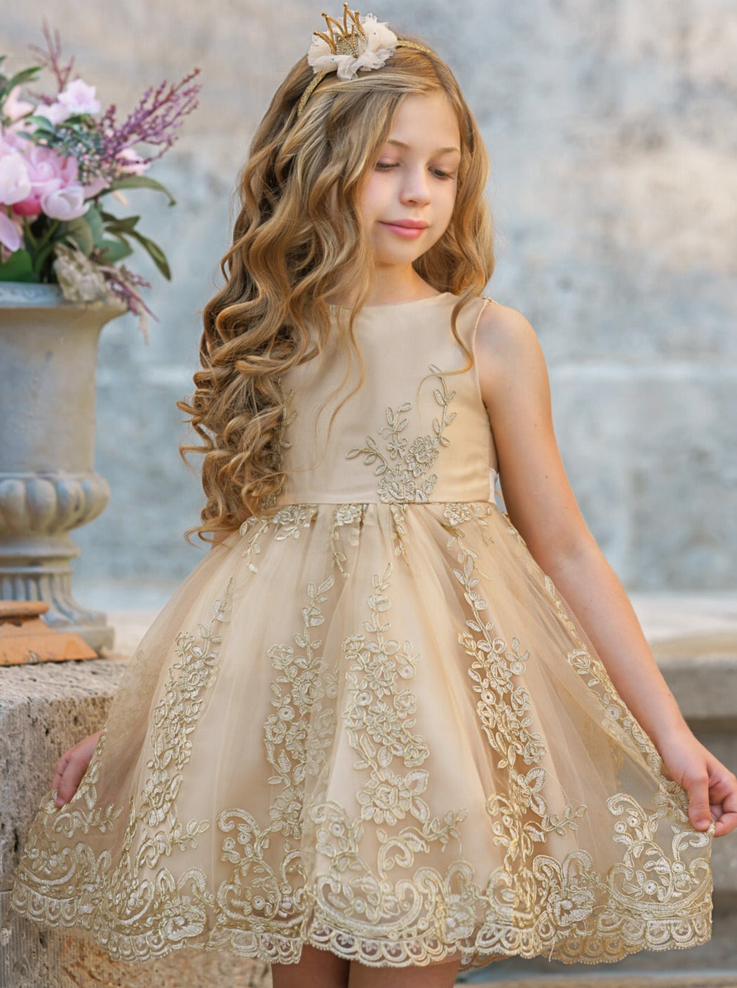 Winter Formal Dresses | Girls Sleeveless Gold Embroidered Holiday Dress