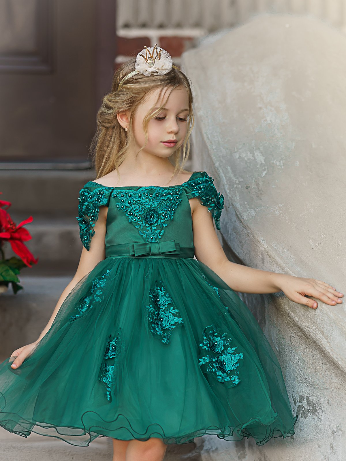 Girls Christmas Dresses | Off Shoulder Lace Applique Holiday Dress ...