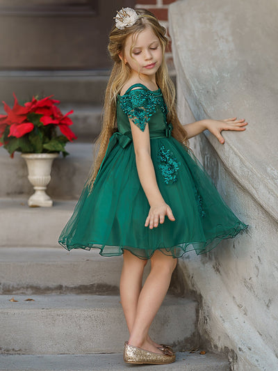 Girls Christmas Dresses | Off Shoulder Lace Applique Holiday Dress