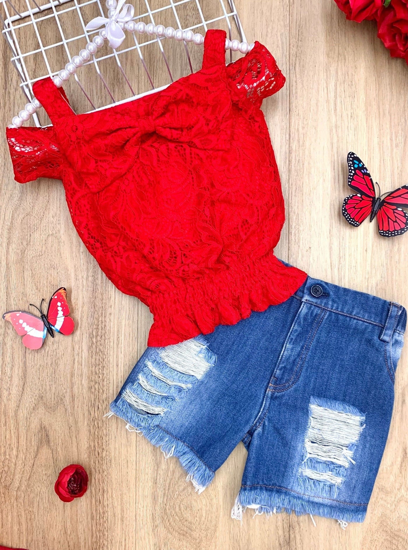 Girls 4th of July Outfits | Could Shoulder Lace Top & Denim Shorts Set