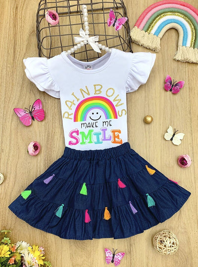 Girls "Rainbows Make me Smile" Ruffled Top and Tassel Denim Skirt Set