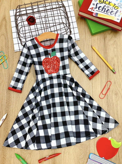 Girls Scoop Back Twirl Plaid with Sequin Apple Applique Dress