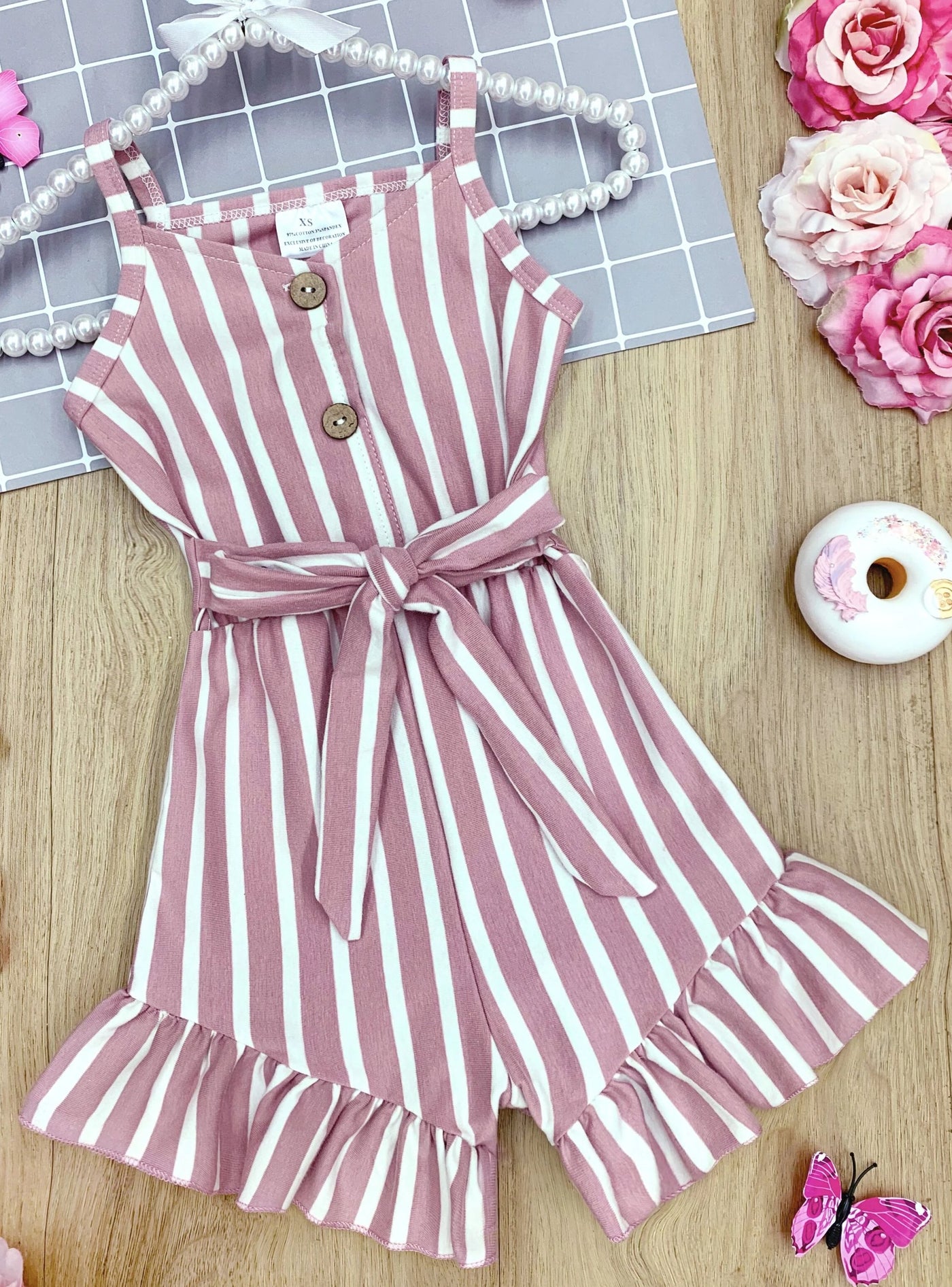 Girls Summer Clothes | Stripe Belted Ruffle Romper - Mia Belle Girls