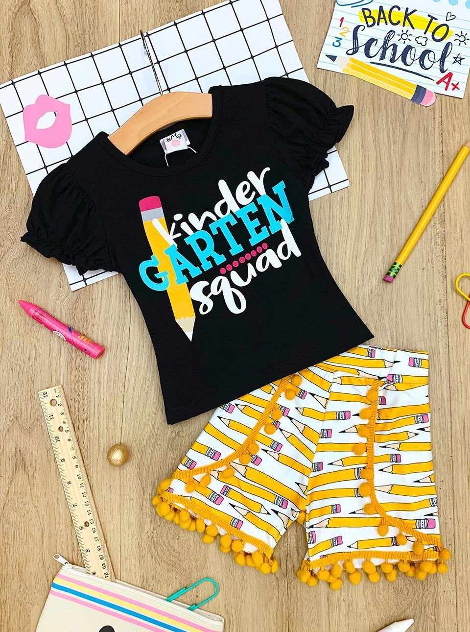 Girls "Kindergarten Squad" Ruffled Top and Pencil Pom Pom Short Set