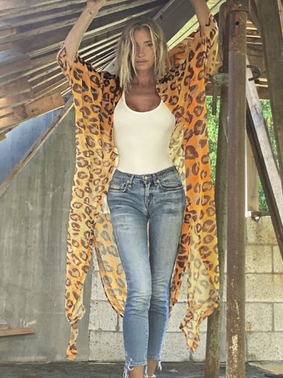 Women's Leopard Kimono Maxi Cover Up - Orange
