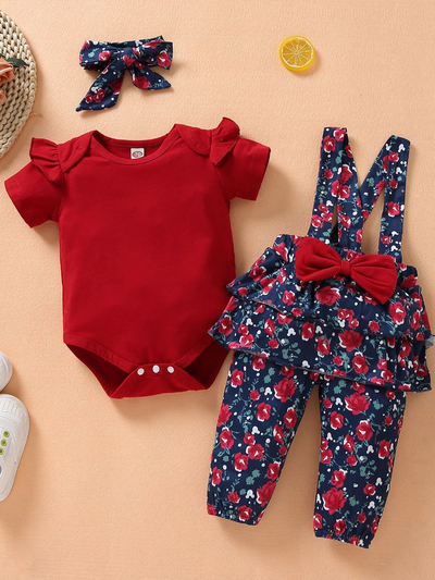 Baby Precious Petal Overall Short Sleeve Romper Pullover Set Red