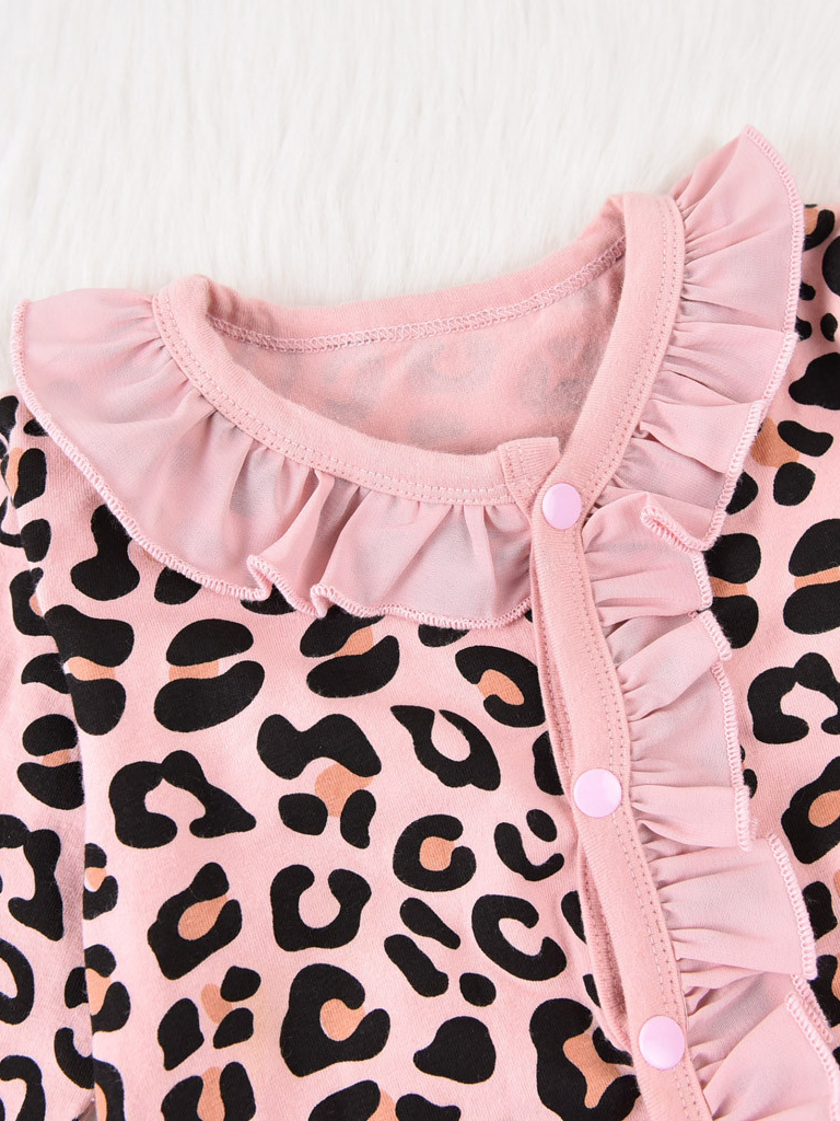 Baby Leopard Print Ruffle Long Sleeve Onesie With Headband Pink