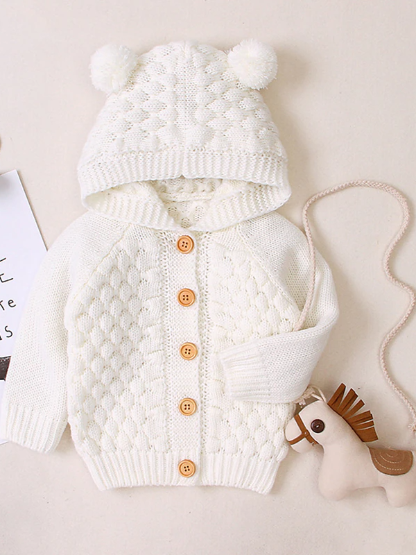 Baby Cute Cub Button-Down Hooded Cardigan White