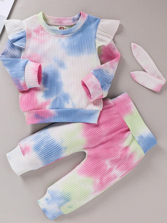 Baby Tie Dye Diva Ribbed Ruffled Long Sleeve Shirt and Pants Set