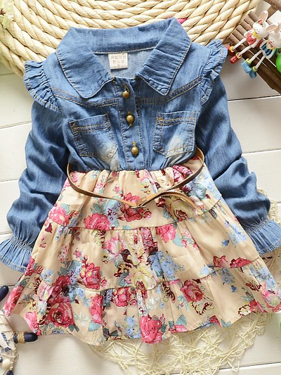 Girls Casual Spring Dresses | Denim Bodice Floral Tiered Ruffle Dress
