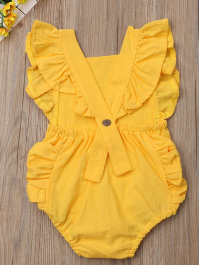 Baby onesie has cute little shoulder ruffles and ruffles on the side. Overall style with strap closure at the back Yellow