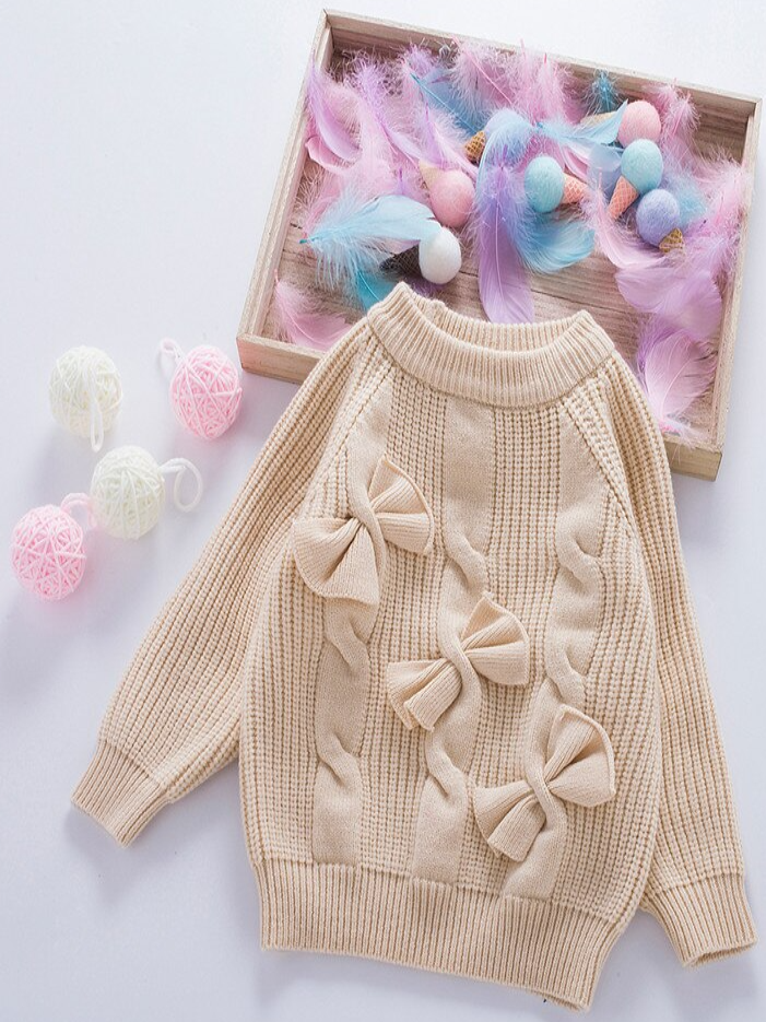 Baby Sweet Bow Tie Babe Braid Knit Sweater - Beige