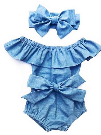 Baby Denim onesie large bib with bow and matching headband 6Mon to 2T